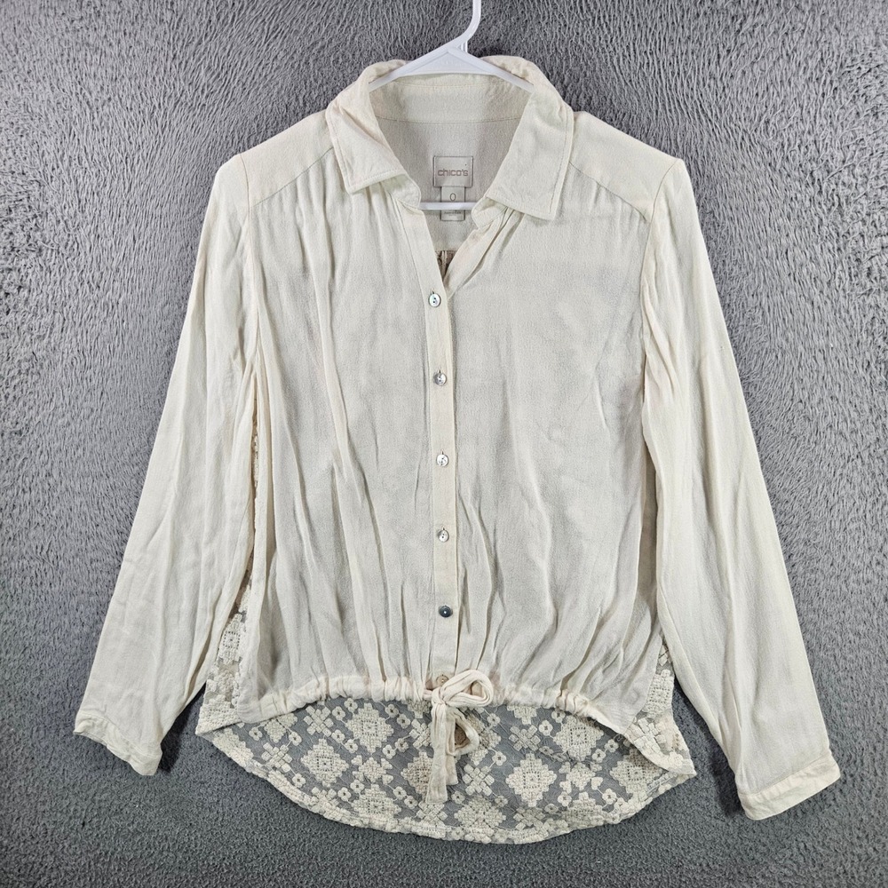 Chicos Cream Lace Back Button Down Shirt Drawstring Waist Rayon Top Size 0 Small